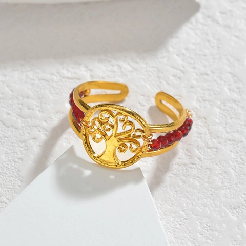 INS Style 18k Gold Plated Stainless Steel Tree Of Life Open Ring With Multi Color Rice Beads Adjustable Finger Ring For Women Jewelry
