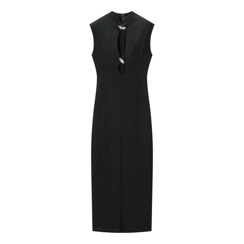Minimalistisches Ärmelloses Bodycon Maxi Kleid Metallknopf Ausschnitt Vorne Sexy Rückenfreies Schlitz Langes Kleid Streetstyle Abendparty Kleid Damen