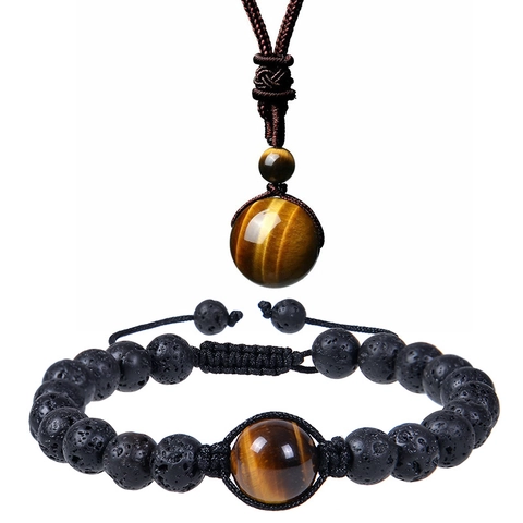 Natural Tiger Eye Amethyst Lava Stone Necklace And Bracelet Handmade Woven Adjustable Healing Jewelry For Men Women