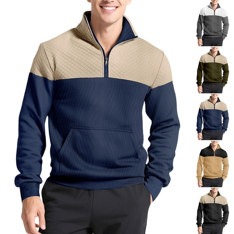 Heren Sweatshirt Kwart Rits Opstaande Kraag Kleurblok Gewatteerde Diamant Textuur Lange Mouwen Pullover Outdoor Casual Mode