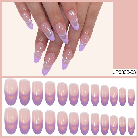 Lavender Purple French Tip Press On Nails Double Curve Almond Shaped Glossy Artificial False Nails For Women