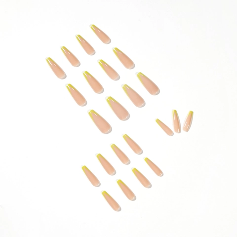 Unghie Finte Extra Lunghe Coffin Press On Punta a V Francese Giallo Nude Ballerina Unghie Artificiali Lucide