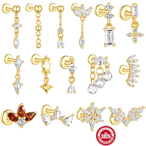 925 Sterling Silver Gold Plated Zirconia Ear Cartilage Studs For Women Teardrop Heart Star Flower Flat Back Piercing Jewelry