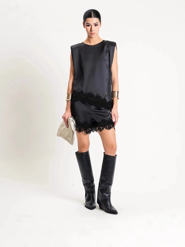 Women Satin Satin Wide Leg Shorts With Lace Trim Patchwork Mid Waist Elegant Casual Fashion Chic Summer Bottoms