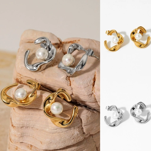 Twisted C Shape Stud Earrings With Artificial Pearl And Stainless Steel Earring Post Niche Elegant Design For Women