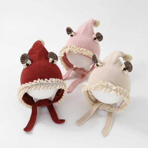 Baby Winter Gebreide Muts Warme Oorklep Bonnet Met Kant Trim Stip Oren Voor Peuters