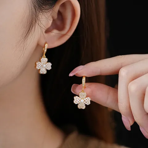 Clover Drop Earrings Gold Plated Copper Zircon Artificial Pearl Floral Chic For Women With Silver Earring Post