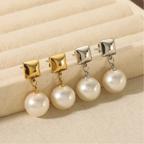 Geometric Square Stud Artificial Pearl Drop Earrings 18K Gold Plated Stainless Steel Elegant Jewelry For Women
