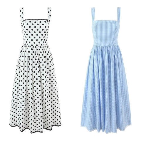 Midi Dress Cotton Gingham Check Polka Dot Square Neck Back Lace-up Retro French Style Summer Vacation Sleeveless A-line