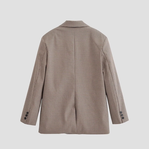 Dames Houndstooth Blazer Double Breasted Revers Polyester Jas Retro Britse Stijl Lange Mouwen Bovenkleding