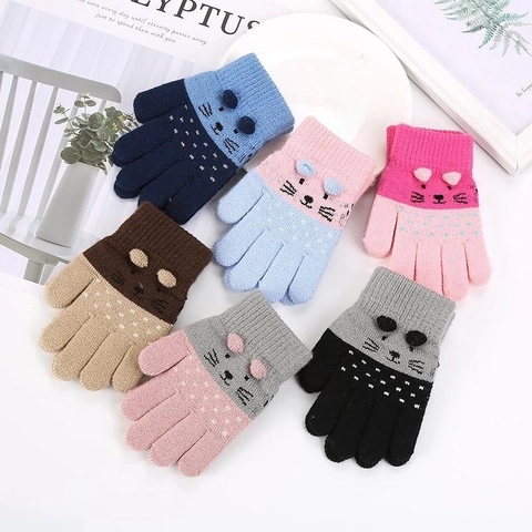 Kids Knitted Winter Gloves Cute Cartoon Cat Full Finger Warm Thick Mitten For Boys Girls