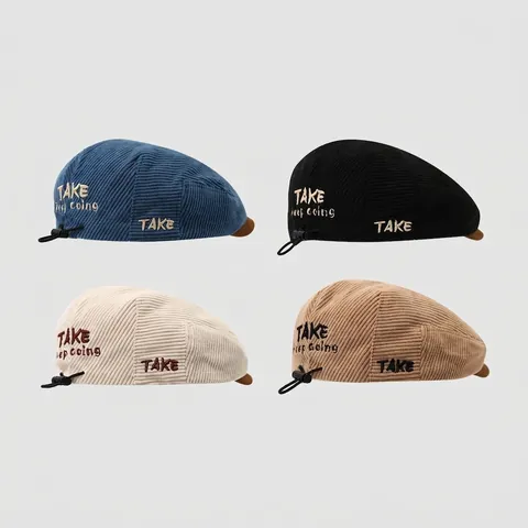 Kinderen Corduroy Platte Pet Verstelbaar Letter Borduurwerk Retro Baret Voor Peuters Jongens Meisjes Herfst Hip Hop Street Style