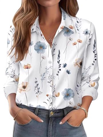 Damesoverhemd Met Lange Mouwen En Bloemen Geometrische Print Reverskraag Knoopsluiting Casual Werk Tops Polyester Elegant