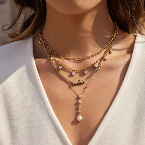 Edelstahl MOM Buchstaben Anhänger Halskette Gold Plattiert Strass Künstliche Perle Mode Schmuck Muttertag Geschenk Für Damen