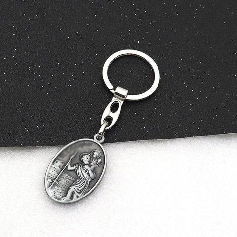 Metalen Sleutelhanger St Christopher St Anthony Reliëf Ovale Medaillon Religieus Retro Zinklegering Tas Accessoire