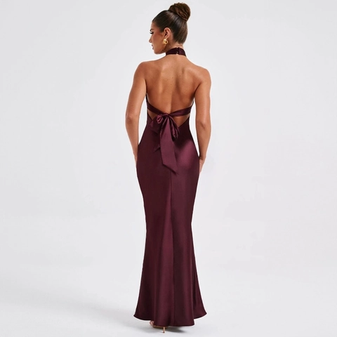 Halter Maxi Jurk Satijn Rugloos Avondjurk Slim Fit Visstaart Strik Elegant Dames Formele Feest Zomer Galajurk