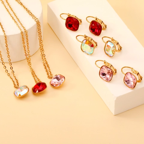 Stainless Steel Gold Plated Square Crystal Pendant Necklace And Hoop Earrings For Women Fashion Elegant Jewelry Accessory