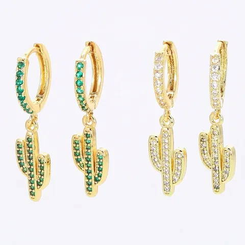 Orecchini A Cerchio Cactus Rame Placcato Oro Zirconi Gioielli Tropicali Moda Donna