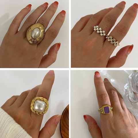 Vintage 18K Gold Plated 316L Stainless Steel Ring With Imitation Artificial Pearl Zircon Purple Enamel Geometric Style For Women