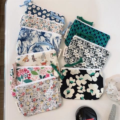 Bloemenprint Katoen Canvas Portemonnee Rits Opbergtas Voor Kaarten Lippenstift Draagbare Make-up Tasche