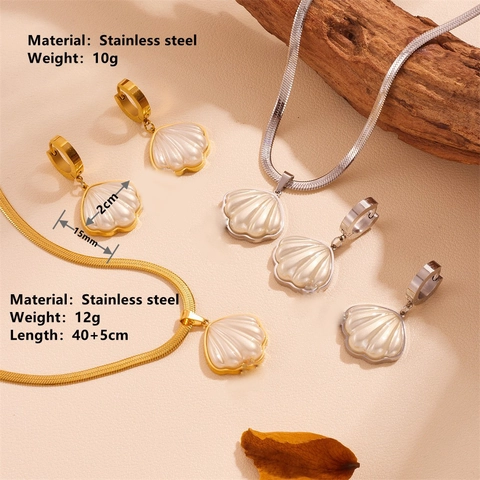 Vintage Titanium Steel Shell Jewelry Set Rhinestone Mother Of Pearl Necklace Earrings Gold Silver Snake Chain Women Accessories