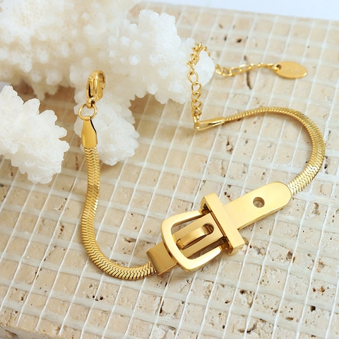 Stainless Steel Necklace And Bracelet With Belt Buckle Design Flat Snake Chain Gold Tone Hip Hop Fashion For Women
