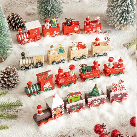 Christmas Mini Wooden Train Ornament Painted Festive Desktop Decoration Carriages Toy Gift Holiday Home Scene Layout