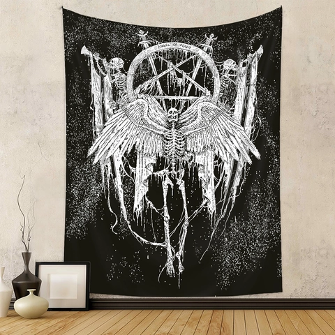 Arazzo Scheletro Angelo Della Morte 100% Poliestere Gotico Pentagramma Decorazione Da Parete Per Camera Da Letto Soggiorno