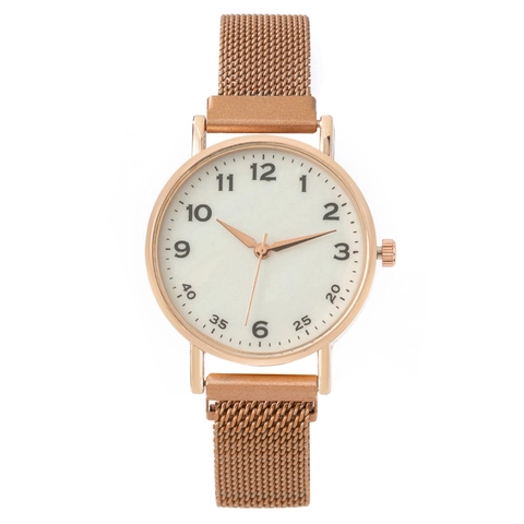 Fashion Women Quartz Watch With Magnetic Milanese Mesh Strap Minimalist Round Analog Dial Arabic Numerals Ladies Wristwatch