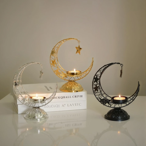 Crescent Moon Star Metal Candle Holder Hollow Out Incense Burner Ramadan Eid Decor Middle Eastern Desktop Ornament Gold