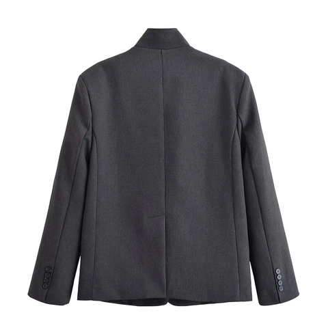 Blazer Mujer Y Pantalones Pierna Ancha Rayas Cuello Alto Asimétrico Cierre Botón Poliéster Profesional Chic Gris