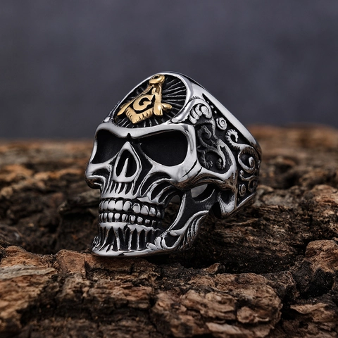 Anello Teschio Vintage Acciaio Inossidabile Simbolo Massonico Gotico Punk Biker Gioielli Personalità Retro Accessorio Uomo