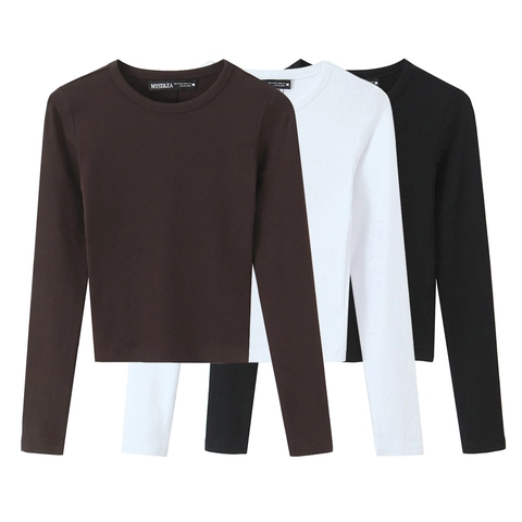Women Long Sleeve T-Shirt Round Neck Ribbed Slim Fit Casual Solid Color Streetwear Basic Knitted Top