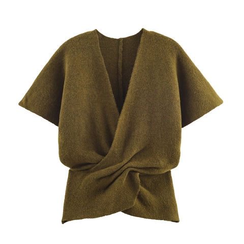 Jersey Chal De Punto Para Mujer Cuello En V Nudo Retorcido Delantero Manga Corta Verde Oliva Acrílico Poliéster Casual