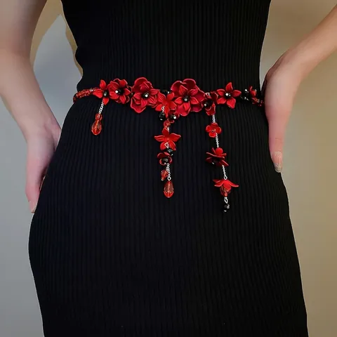 Damen Rote Blume Taillenkette Halskette Acryl Perlen Retro Stil 3D Floral Körperschmuck Verstellbar Elegant Vielseitig