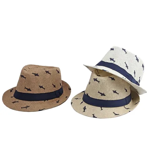 Breathable Straw Fedora Hat Shark Palm Print Sun Protection Summer Beach Panama Jazz Cap For Men Women And Kids