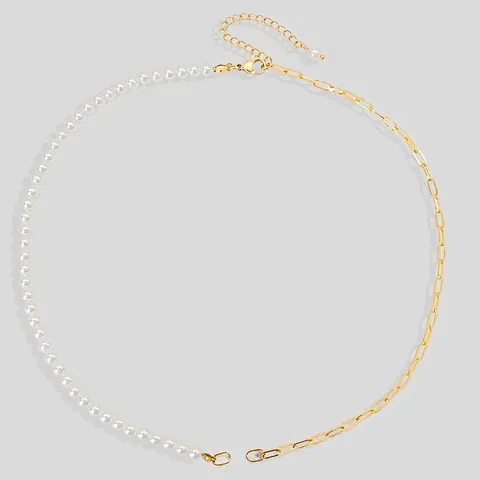 Asymmetric Spliced Necklace Stainless Steel 14K Gold Plated Artificial Pearl Paperclip Chain Retro Minimalist For Women