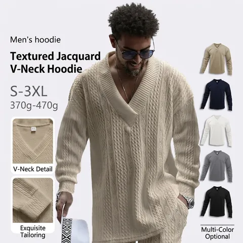 Men's V-Neck Long Sleeve Sweater Jacquard Textured Cotton Blend Casual Knitwear Solid Color Autumn Fashion Pullover