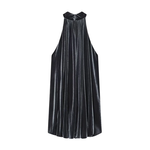 Halter Neck Ruched Velvet Mini Dress Sleeveless Slim Fit Elegant Evening Party Night Club Outfits For Women