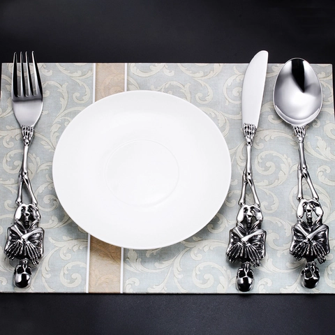 Stainless Steel Tableware Knife Fork And Spoon With Gothic Skeleton Handle Creative Halloween Dinnerware