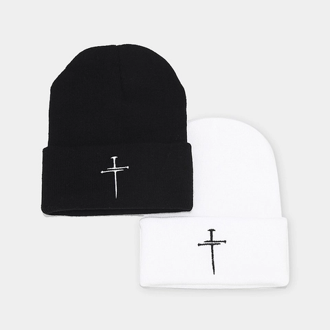 Cross Embroidery Acrylic Knit Beanie Hat Cuffed Ribbed Winter Warm Gothic Streetwear Hip Hop Unisex Headwear