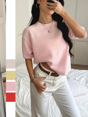 Women Short Sleeve Knit Sweater Crew Neck Solid Color Soft Lightweight Acrylic Nylon Wool Blend Casual Tops