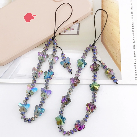 Beaded Phone Lanyard Iridescent Crystal Butterfly Plum Blossom Anti-Lost Wrist Strap Hand Chain Charm