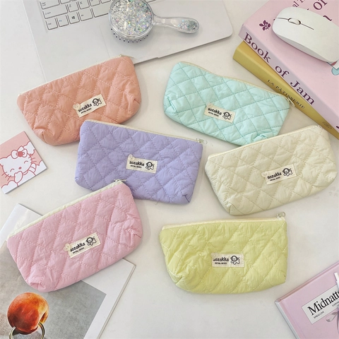 Pencil Case Quilted Stationery Bag Large Capacity Macaron Color Portable Zipper Organizer For Students School Office