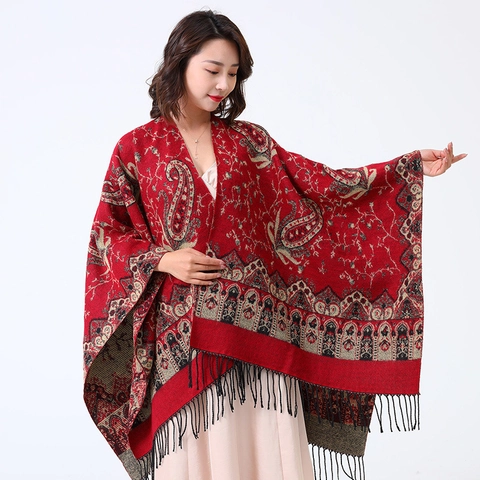 Châle Poncho Cape Pour Femmes Imprimé Paisley Vintage Bordure À Franges Fente Devant Enveloppe Douce Chaude