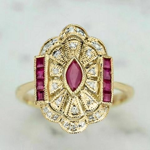 Vintage Ring Met Marquise Rode Zirkoon Messing Verguld Paleis Art Deco Stijl Elegante Banket Sieraden Voor Vrouwen