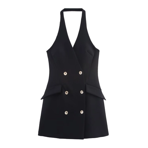 Vestido Blazer Mini Halter Elegante Cruzado Sin Mangas Cuello V Poliéster Tejido Color Sólido Atuendo De Fiesta Para Mujer