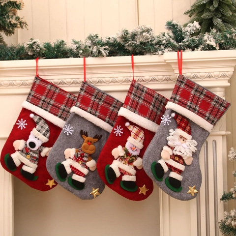 Large Christmas Stocking 3D Cartoon Doll Santa Snowman Reindeer Bear Plaid Felt Decorative Gift Bag Hanging Ornament
