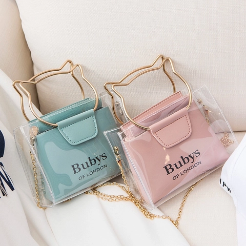 Women Transparent Crossbody Handbag With Cat Ear Metal Handle PVC PU Leather Inner Pouch Fashion Chain Bag