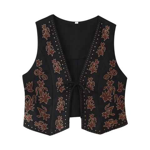 Chaleco Bohemio De Gamuza Sintética Para Mujer Bordado Floral Étnico Remache Metálico Cuello En V Chaleco Vintage